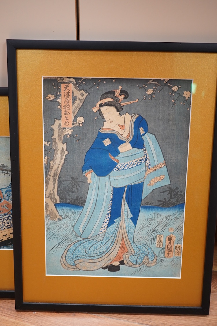 Eleven Japanese block prints framed as five, signatures include Utagawa Kunisada, Utagawa Kunisada II, Utagawa Yoshiharu, and Toyohara Kunichika. Condition - good